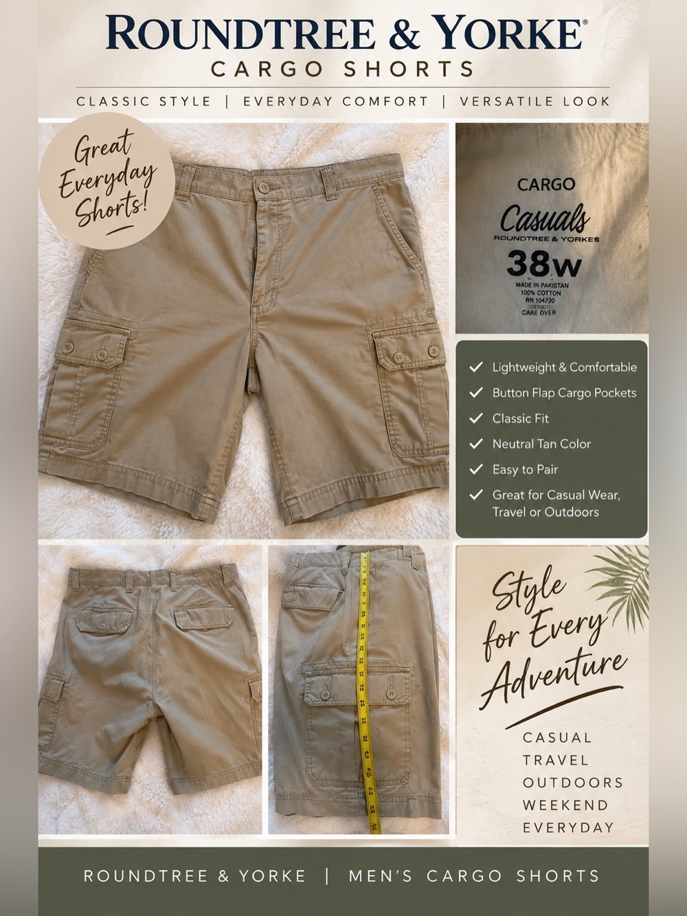 NWT Roundtree & Yorke Men’s 38W Tan Cargo Shorts 100% Cotton Casual Outdoor